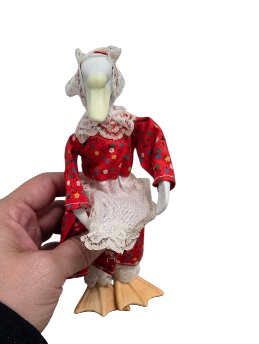Vintage Mother Goose Red Floral Prairie Doll with Lace Bonnet Porcelain Head
